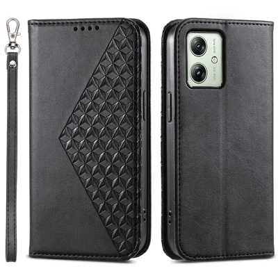 PU Leather Phone Case for Motorola Moto G14 4G , Imprinted Rhombus Pattern Stand Wallet Cover - Black