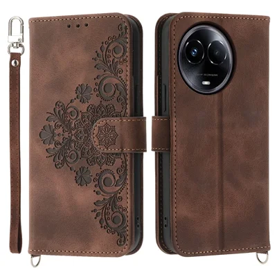 For Realme 11x 5G / 11 5G (Global) Stand Wallet Phone Case PU Leather Imprinted Flower Skin-touch Cover - Brown