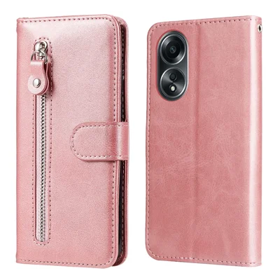 Pour étui Oppo A58 4G Slim-Fit Case Calf Texture Shockproof Phone Shell Zipper Pocket Wallet Stand Smartphone Cover - Rose
