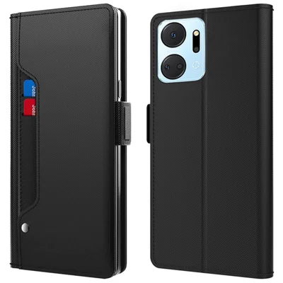 Phone Case for Honor X7a 4G , Anti-Scratch Shell Stand Card Slot and Mirror PU Leather Cover - Black