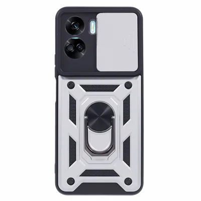For Honor 90 Lite 5G Slide Lens Protection Phone Case PC+TPU Ring Kickstand Cover - Silver