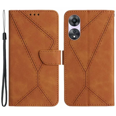 HT05 Per Oppo A58 4G Custodia in pelle PU Linea stampata Portafoglio per cellulare Stand Cover - Marrone