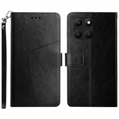 HT01 Wallet Case for Honor X6a 4G , Y-shaped Line Imprinted Stand Phone Cover PU Leather Shell - Black