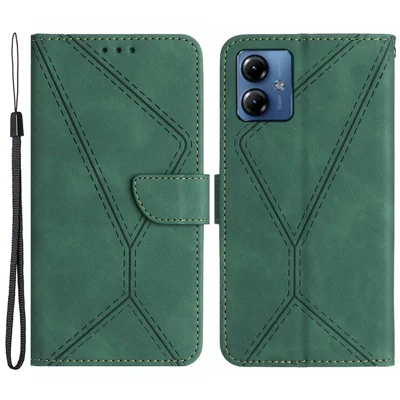 HT05 For Motorola Moto G54 5G PU Leather Stand Wallet Case Imprinted Line Flip Protective Phone Cover - Green