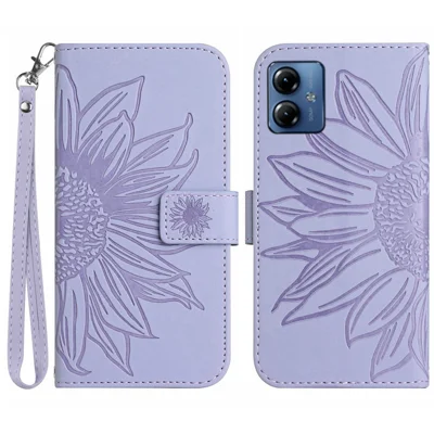 HT04 For Motorola Moto G54 5G Stand Wallet Cover PU Leather Sunflower Imprinted Phone Case with Hand Strap - Light Purple