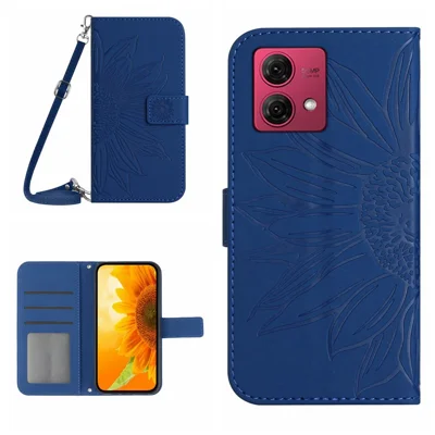 HT04 For Motorola Moto G84 5G Sunflower Imprinted PU Leather Case Wallet Stand Flip Phone Cover with Shoulder Strap - Sapphire