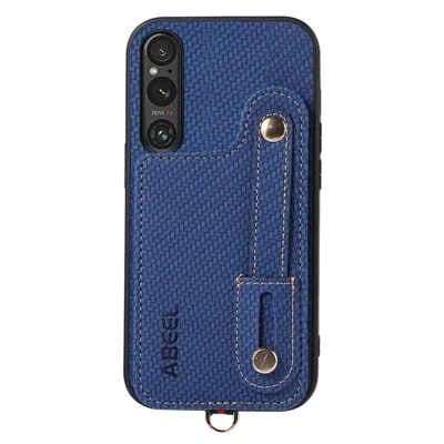 ABEEL Style 03 Carbon Fiber Texture PU+TPU Cover for Sony Xperia 1 V RFID Blocking Card Holder Kickstand Phone Case - Blue