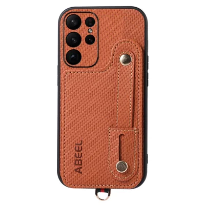 ABEEL Style 03 Carbon Fiber Texture PU+TPU Kickstand Cover for Samsung Galaxy S23 Ultra RFID Blocking Card Slot Phone Case - Brown