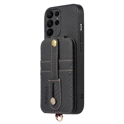 ABEEL Style 02 For Samsung Galaxy S23 Ultra Kickstand Case RFID Blocking Card Slot Carbon Fiber Texture PU+TPU Phone Cover - Black