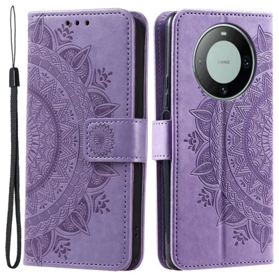 For Huawei Mate 60 Pro Stand Wallet Phone Case PU Leather Mandala Flower Imprinted Cover with Strap - Purple