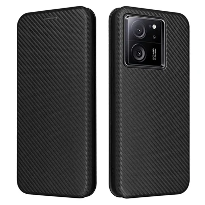 For Xiaomi Redmi K60 Ultra / 13T / 13T Pro Carbon Fiber Texture Phone Case Leather Stand Anti-drop Cover with Card Slot - Black