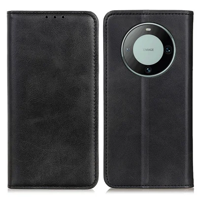 Para Huawei Mate 60 Pro Funda de Teléfono de Textura de Cuero de Vaca Resistente a los Golpes Funda de Cartera de Cuero Dividido con Soporte - Negro