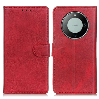 For Huawei Mate 60 Pro Leather Wallet Phone Case Drop-proof Cowhide Texture Stand Cover - Red
