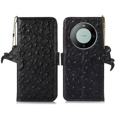 Custodia per telefono con blocco RFID per Huawei Mate 60 Pro, in vera pelle bovina, portafoglio, supporto - Nero