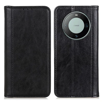 For Huawei Mate 60 Anti-Scratch Phone Case Split Leather Litchi Texture Wallet Stand Cover - Black