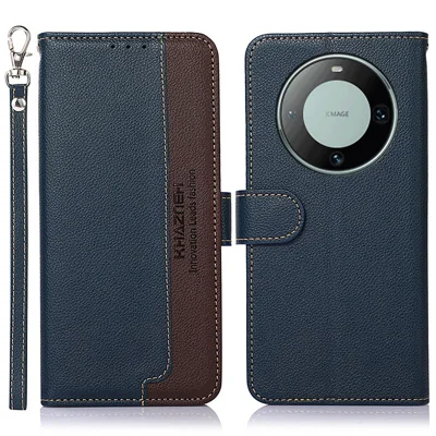 KHAZNEH RFID Blocking Case for Huawei Mate 60 , Anti-scratch Litchi Texture Phone Shell Wallet Stand Leather Cover - Blue