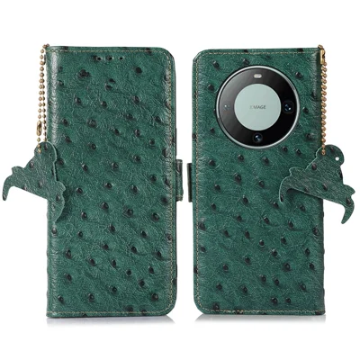 For Huawei Mate 60 Genuine Cow Leather RFID Blocking Drop Proof Case Wallet Stand Phone Cover - Green