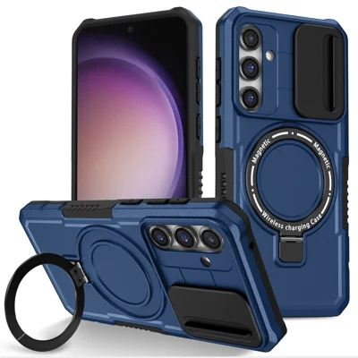 Magnetic Case PC+TPU Case for Samsung Galaxy S23 FE Kickstand Anti-Drop Phone Shell with Sliding Lens Cover - Sapphire