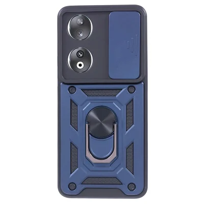 For Honor 90 Anti-Scratch Slide Lens Protection Phone Case PC+TPU Kickstand Phone Cover - Blue