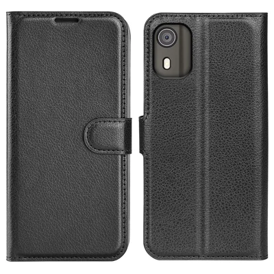 For Nokia C02 Litchi Texture Protective Phone Case Anti-drop Stand PU Leather Wallet Cover - Black