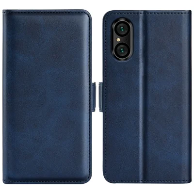 For Sony Xperia 5 V Calf Texture Drop-proof Phone Cover Leather Wallet Stand Case - Blue