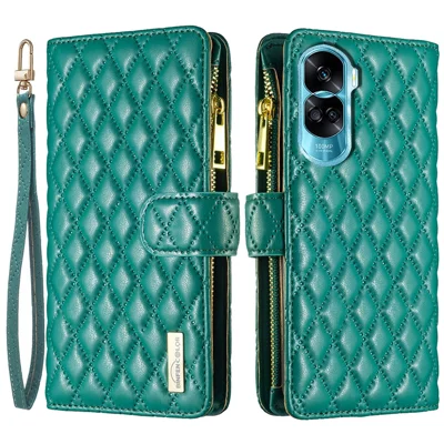 BINFEN COLOR BF Style-15 For Honor 90 Lite 5G / X50i 5G Flip Shell Zipper Pocket Leather Phone Case Wallet Stand Cover - Green