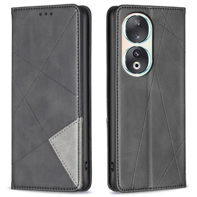 For Honor 90 Anti-Scratch Stand Leather Cover Imprinted Line Card Slots Mobile Phone Case - Black