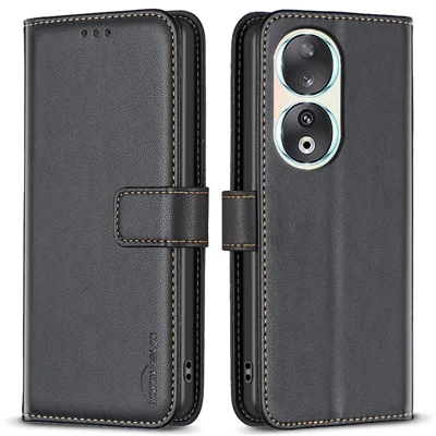 BINFEN COLOR BF17 For Honor 90 PU Leather Stand Wallet Cover Magnetic Clasp Phone Case - Black