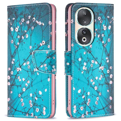 For Honor 90 PU Leather Pattern Printing Phone Case Stand Wallet Protective Cover - Plum Blossom