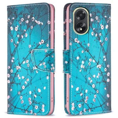 غطاء هاتف من جلد PU لهاتف Oppo A38 4G، غطاء هاتف بتصميم طباعة زخرفية مع محفظة وحامل - زهرة الخوخ