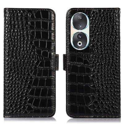 RFID Blocking Case for Honor 90 Genuine Cow Leather Phone Wallet Cover with Stand - Black