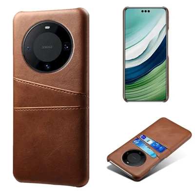 For Huawei Mate 60 Pro Drop Protection Cover Dual Card Slots PU Leather Coated PC Phone Case - Brown