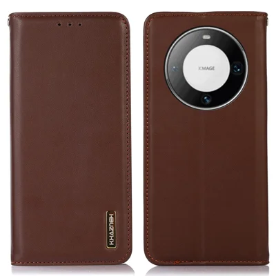 KHAZNEH для Huawei Mate 60 Pro Nappa Texture RFID Blocking Wallet Cover Genuine Cowhide Leather Stand Case - Коричневый