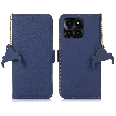 For Honor X6a 4G RFID Blocking Phone Wallet Case Genuine Cow Leather Cover with Stand - Sapphire