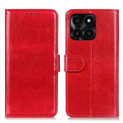 For Honor X6a 4G Slim-fit PU Leather Phone Case Crazy Horse Texture Wallet Stand Cover - Red