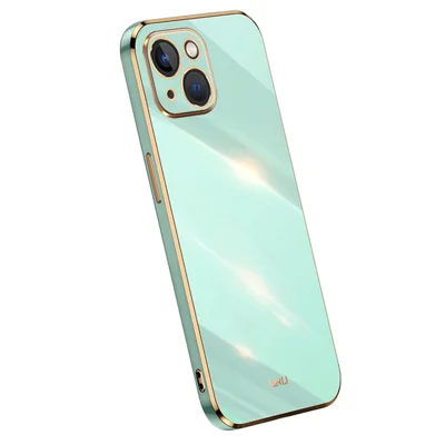 XINLI For iPhone 15 Plus Electroplated Gold Edge Anti-scratch Phone Case TPU Back Cover - Cyan