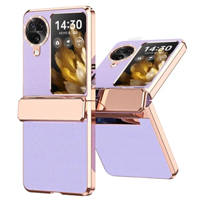 For Oppo Find N3 Flip 5G Drop-proof PU Leather+PC Case Anti-fingerprint Electroplating Phone Cover - Purple