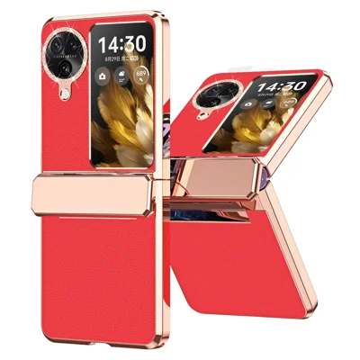 For Oppo Find N3 Flip 5G Drop-proof PU Leather+PC Case Anti-fingerprint Electroplating Phone Cover - Red