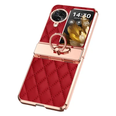 For Oppo Find N3 Flip 5G Imprinted PU+PC Phone Case Rhinestone Ring Kickstand Electroplating Phone Cover - Red