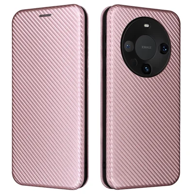 Für Huawei Mate 60 Carbon Fiber Texture Card Holder Phone Case Leather Stand Anti-fall Cover - Rose Gold