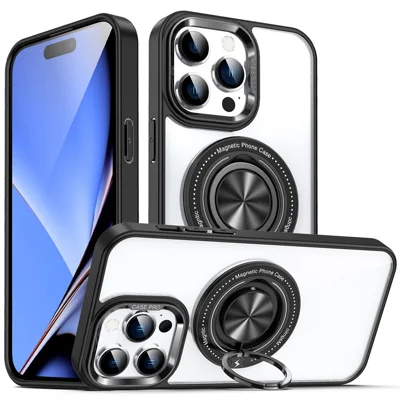 Coque de téléphone transparente pour iPhone 15 Pro Max en PC + TPU + acrylique avec support anneau - Noir
