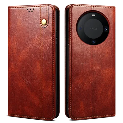 For Huawei Mate 60 Pro+ Waxy Crazy Horse Texture Phone Cover Stand Wallet PU Leather Phone Shell Case - Brown
