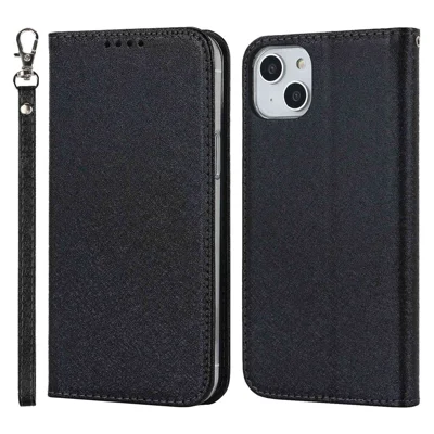 For iPhone 15 Wallet Phone Case Silk Texture Stand TPU + PU Leather Cover - Black