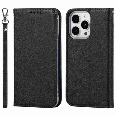 Voor iPhone 15 Pro Anti-Kras PU Leren Portemonnee Hoesje met Zijde-achtige Textuur Steunhoes - Zwart