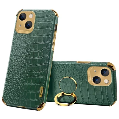 For iPhone 15 Plus Crocodile Texture Leather+TPU Cover Finger Ring Kickstand Phone Case - Green