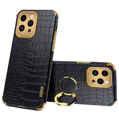 Para iPhone 15 Pro Max Anel Suporte de Celular Capa de Telefone Textura de Crocodilo Couro+TPU Anti-Riscos Capa - Preto