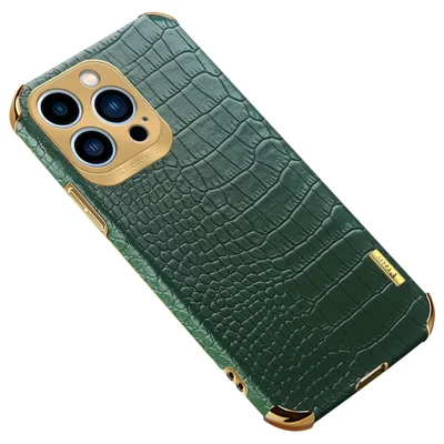 For iPhone 15 Pro Max 6D Electroplating Leather Coated TPU Cover Crocodile Texture Cell Phone Case - Green