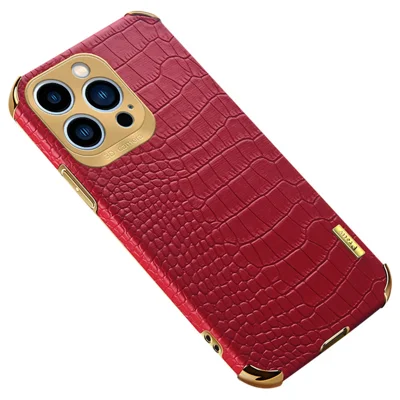 For iPhone 14 Pro Max Electroplated Crocodile Texture Cover Leather Coated Soft TPU Phone Case - Red