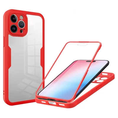 Für iPhone 15 Pro Ganzkörper-Schutzhülle Acryl+TPU Klare Handyhülle mit PET-Displayschutzfolie - Rot