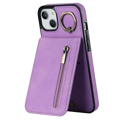 For iPhone 15 RFID Blocking Wallet Anti-scratch Phone Case Retro PU+TPU Cellphone Kickstand Cover - Purple